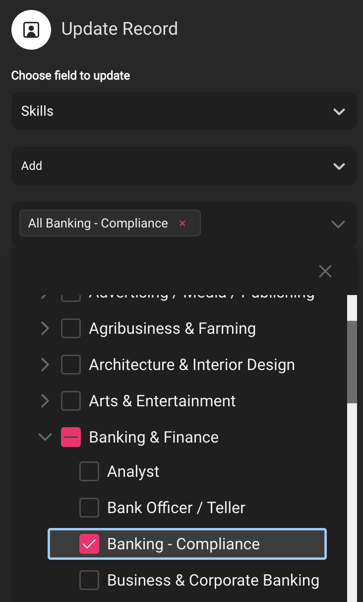 Bulk Coding Automation for Recruitment Agencies | Roi-AI Interface for bulk tagging client and candidate records by status, location, skill and custom categories.
